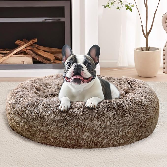 Calming Dog & Cat Bed for Small Dogs, Anti-Anxiety Donut Cuddler Cozy Soft Round Bed with Anti-Slip Bottom, Fluffy Faux Fur Plush Cushion Beds for Small Medium Dogs, 23"/Smoke Brown