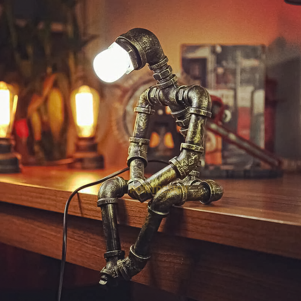 Industrial Sculpture Duo Table Lamp, Vintage Steampunk Night Light