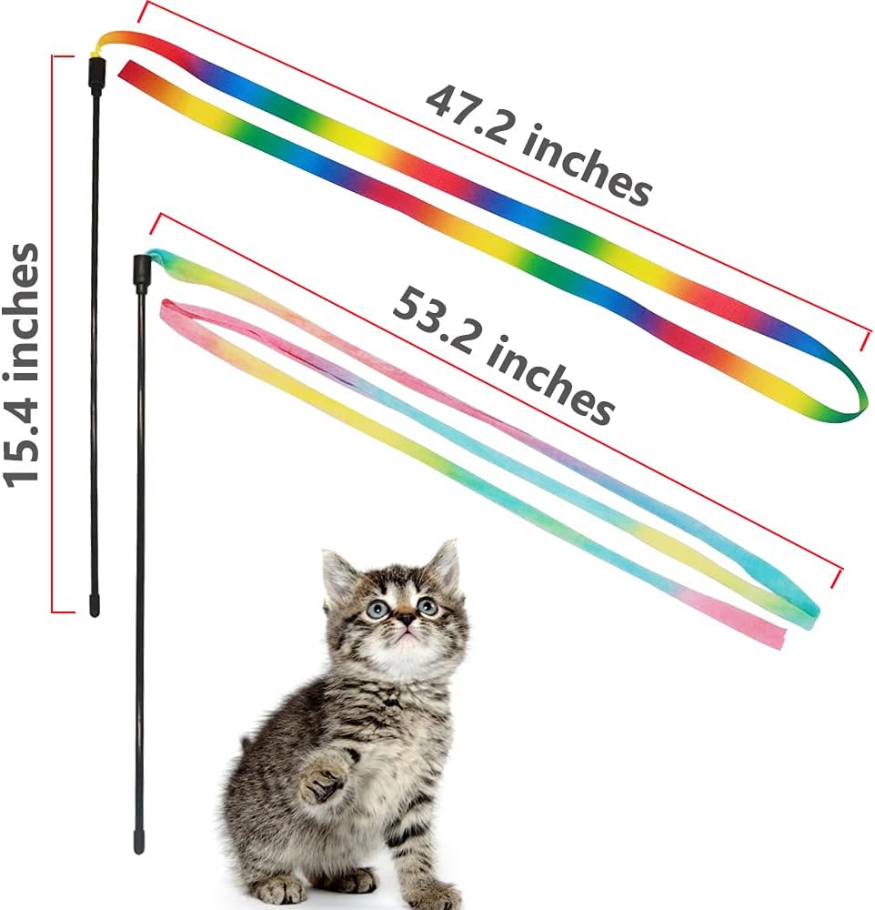 Interactive Cat Rainbow Wand Toys, Interactive Cat Wand String, Colorful Ribbon Charmer for Most Cats and Kittens - 2 Packs