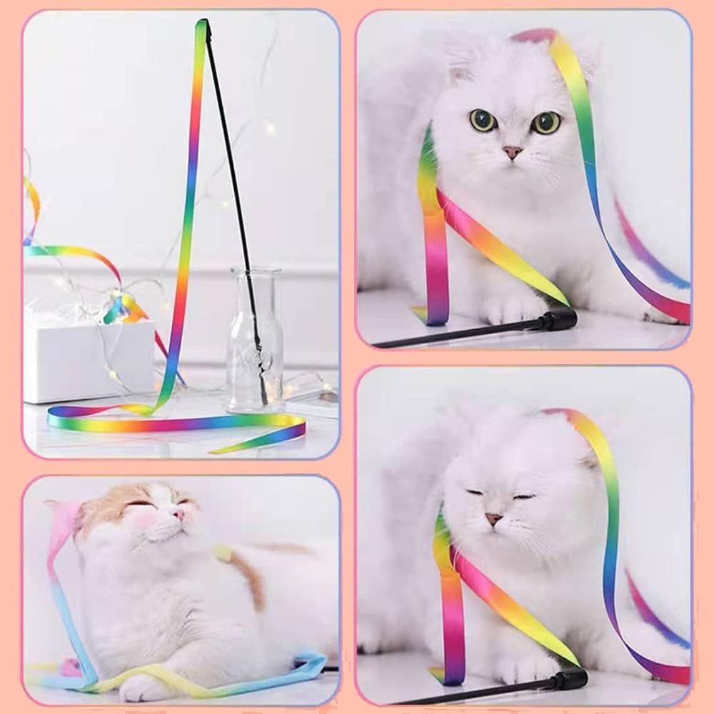 Interactive Cat Rainbow Wand Toys, Interactive Cat Wand String, Colorful Ribbon Charmer for Most Cats and Kittens - 2 Packs