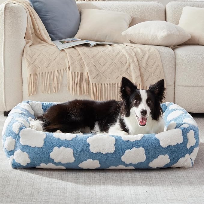 Medium Dog Bed Medium Size Dog, Rectangle Washable Orthopedic Pet Bed with Removable Zipper Cover, Cute Soft Calming Puppy Pet Bed with Jacquard Shaggy Plush & Non Skid Bottom