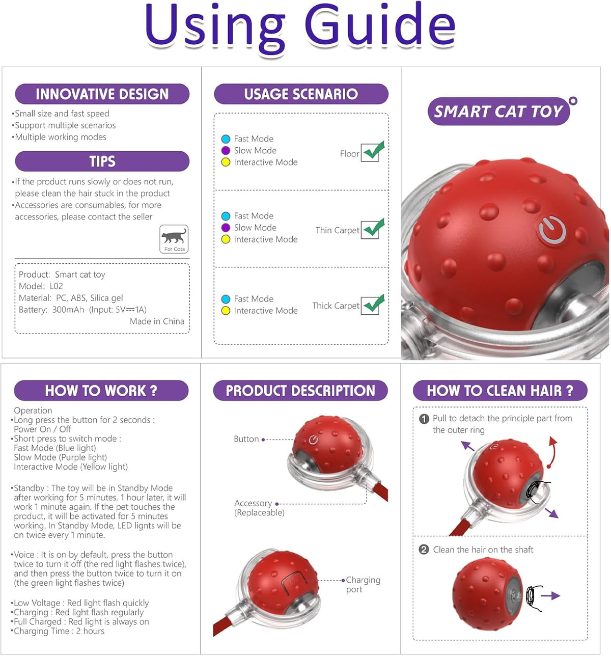 Interactive Cat Toys Ball for Indoor Cats Fast Rolling on Carpet,  &amp; Motion Activate Cat Toys (Red)