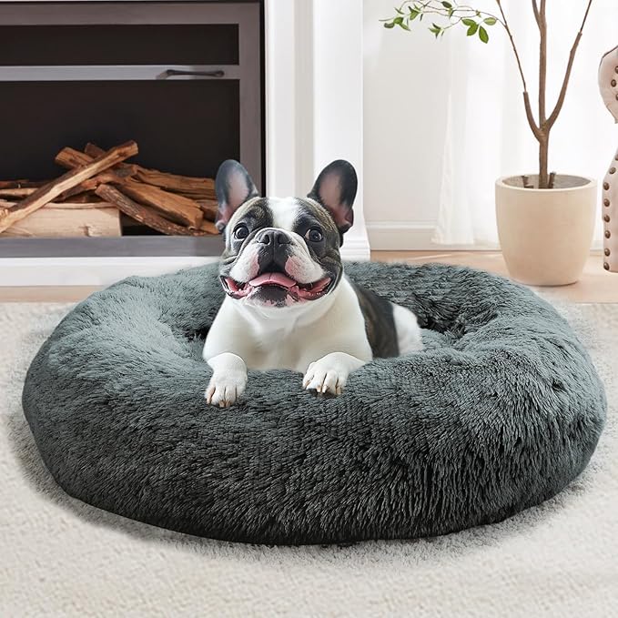 Calming Dog & Cat Bed for Large Dogs, Anti-Anxiety Donut Cuddler Cozy Soft Round Bed with Anti-Slip Bottom, Fluffy Faux Fur Plush Cushion Beds for Medium Dogs (36")
