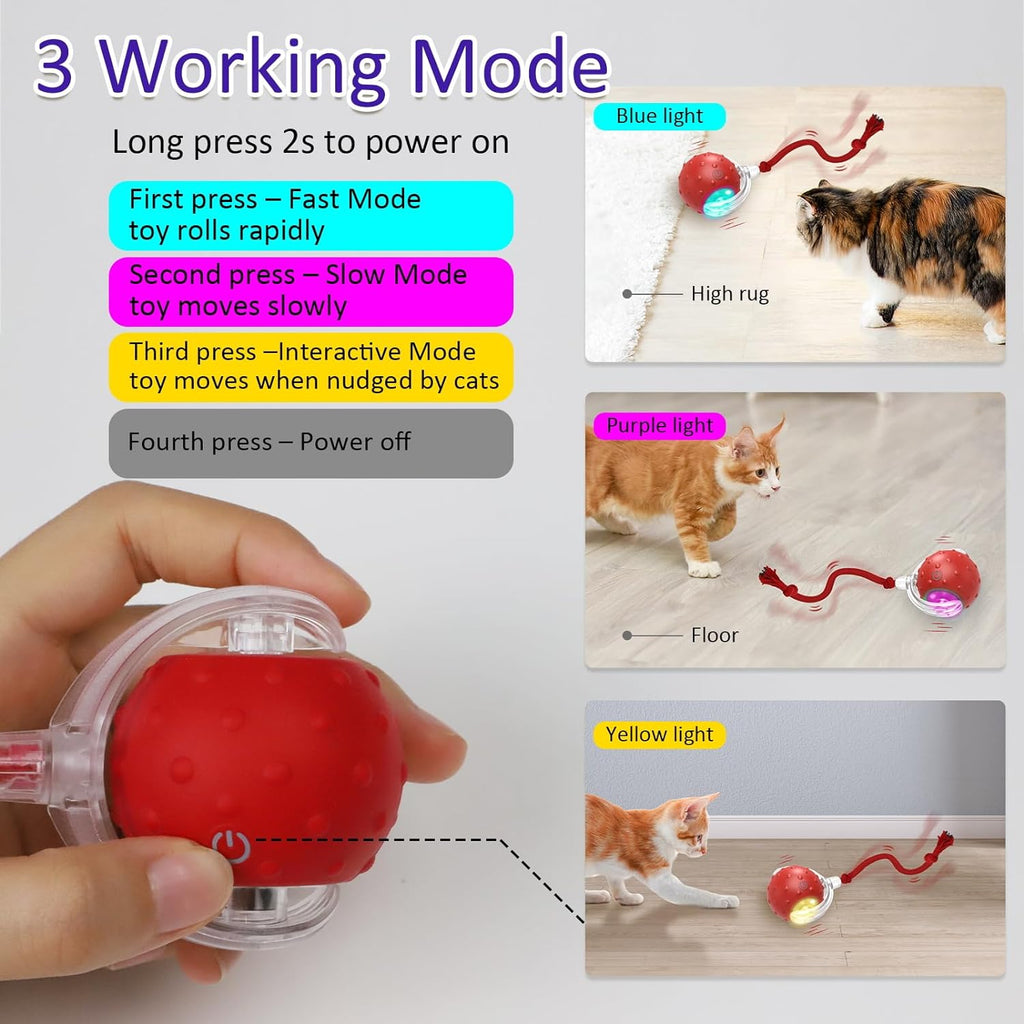 Interactive Cat Toys Ball for Indoor Cats Fast Rolling on Carpet,  &amp; Motion Activate Cat Toys (Red)