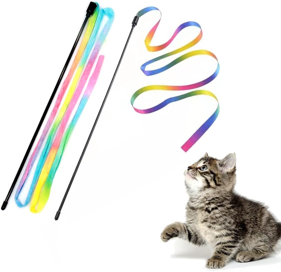 Interactive Cat Rainbow Wand Toys, Interactive Cat Wand String, Colorful Ribbon Charmer for Most Cats and Kittens - 2 Packs