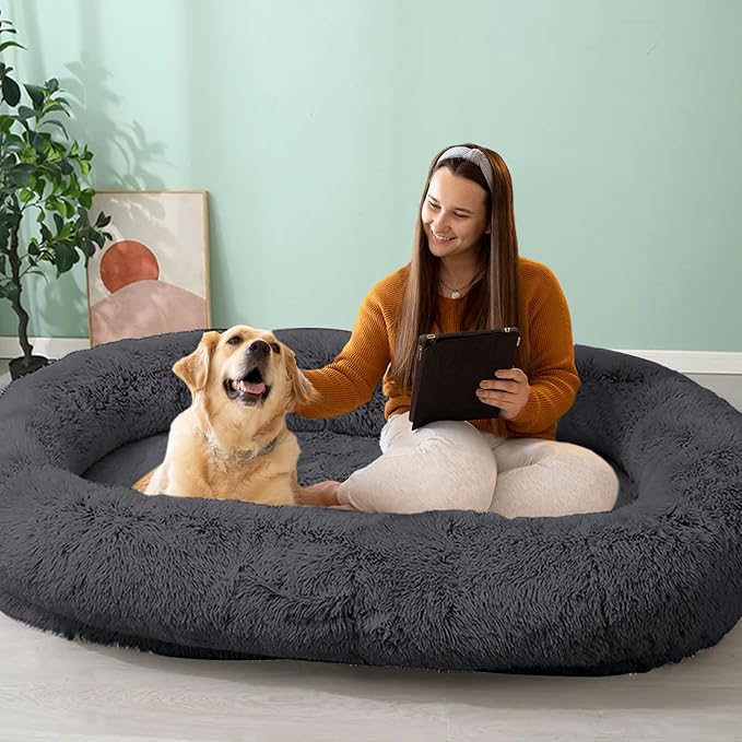 Human Dog Bed for Adults and Pets, Ultra-Soft Plush Giant Dog Bed with Egg Crate Foam, Non-Slip Base, and Machine Washable Cover - Ideal for Relaxation and Napping, Dark Grey