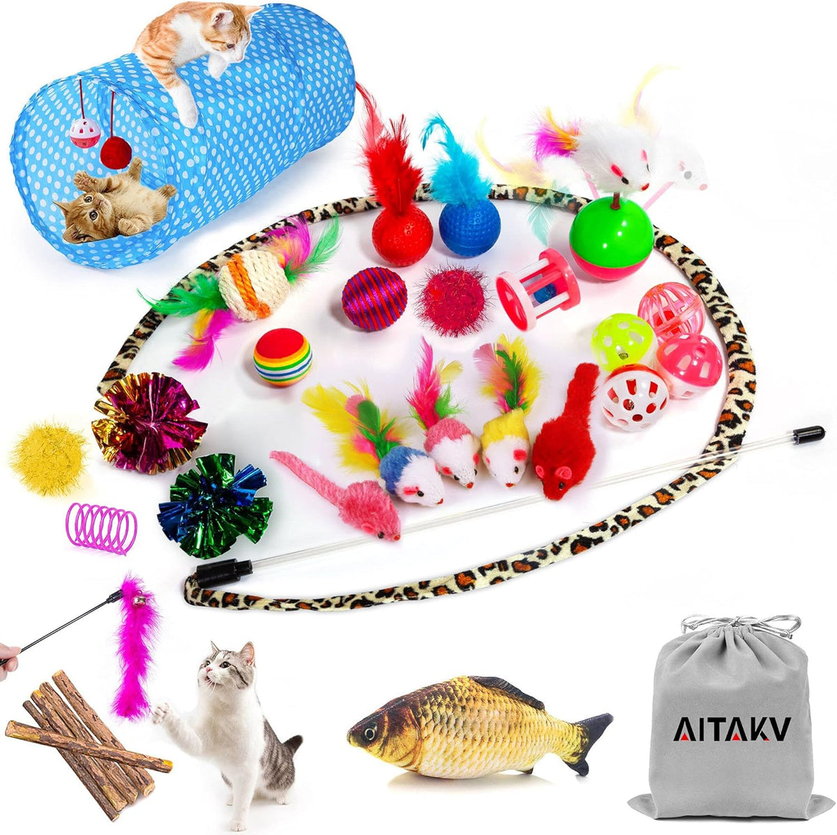 31 PCS Cat Toys Kitten Toys Assortments,Variety Catnip Toy Set Including 2 Way Tunnel,Cat Feather,Catnip Fish,Mice,Colorful Balls and Bells for Cat,Puppy,Kitty