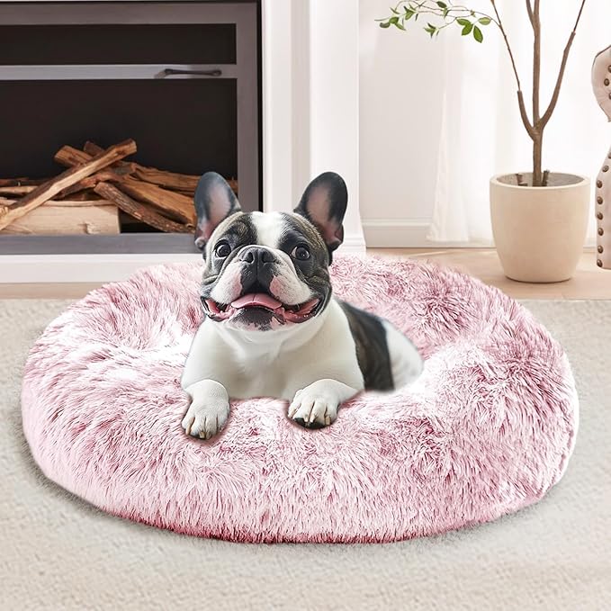 Calming Dog & Cat Bed for Small Dogs, Anti-Anxiety Donut Cuddler Cozy Soft Round Bed with Anti-Slip Bottom, Fluffy Faux Fur Plush Cushion Beds for Small Medium Dogs, 23"/Smoke Pink