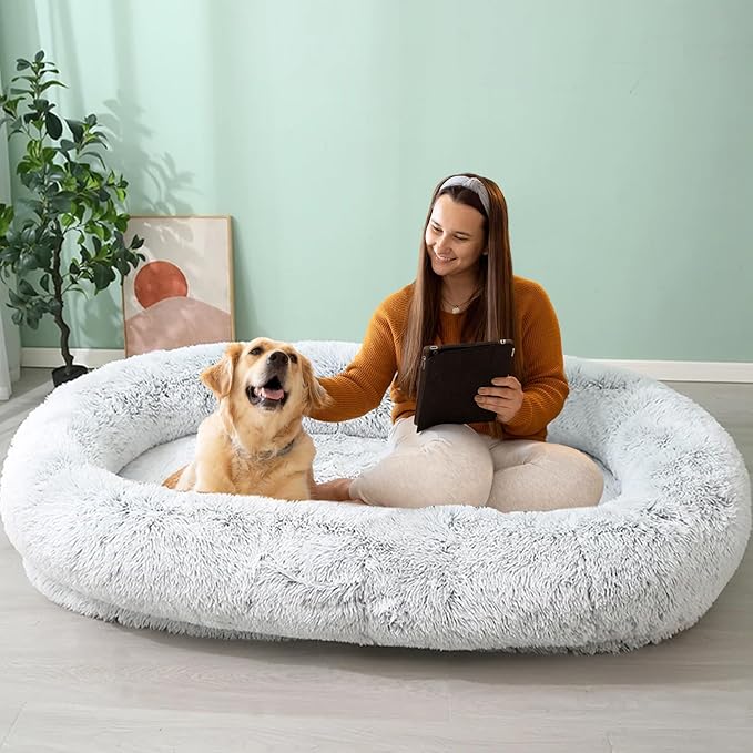 Human Dog Bed for Adults and Pets, Ultra-Soft Plush Giant Dog Bed with Egg Crate Foam, Non-Slip Base, and Machine Washable Cover - Ideal for Relaxation and Napping, Light Grey