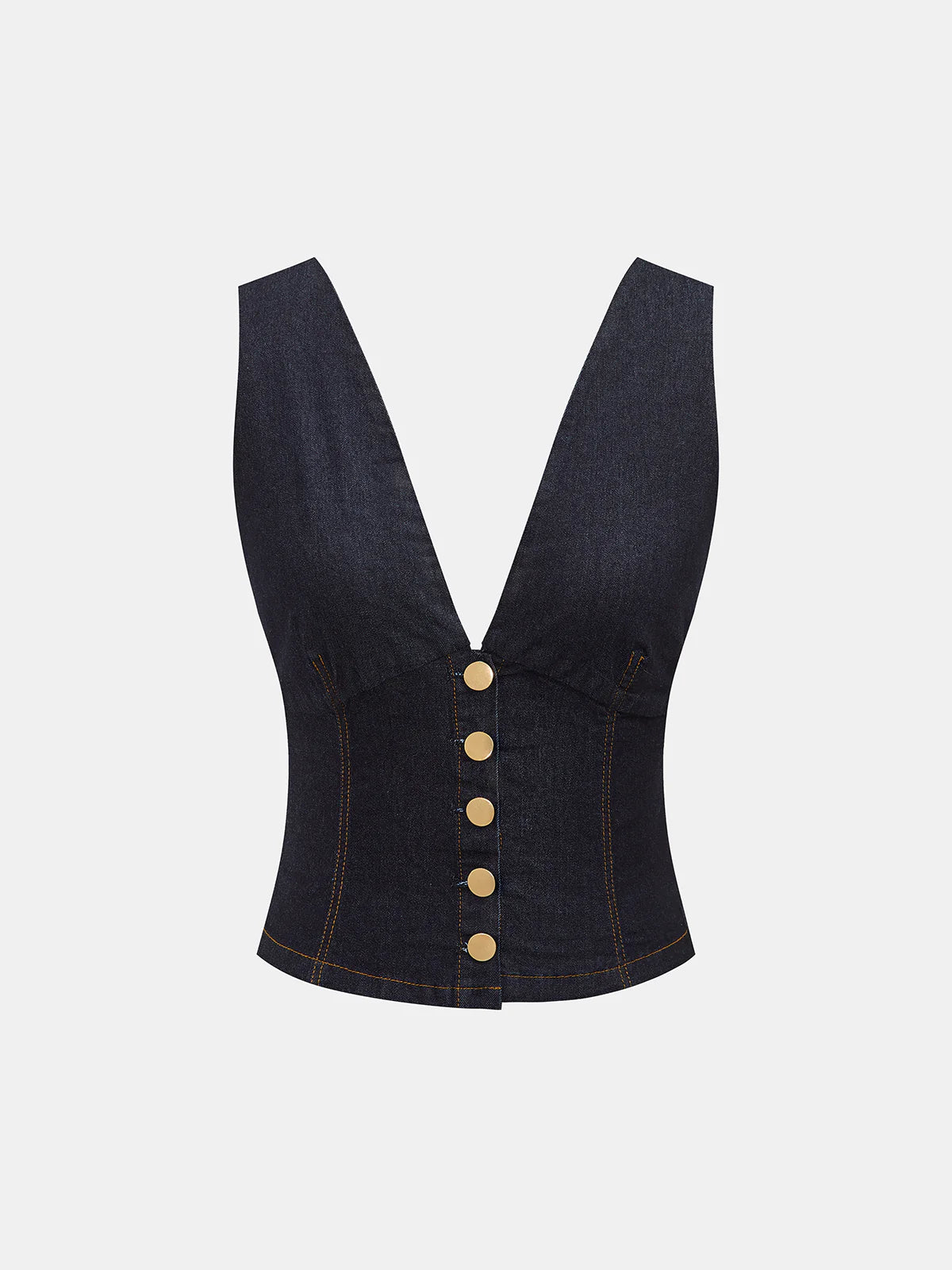 Metal Button Denim Deep V-Neck Tank Top