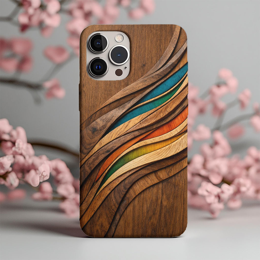 Carved Wood Wave Phone Case, Colorful Modern Wooden Art Design, Organic Flow Pattern, Luxury Aesthetic iPhone Cover