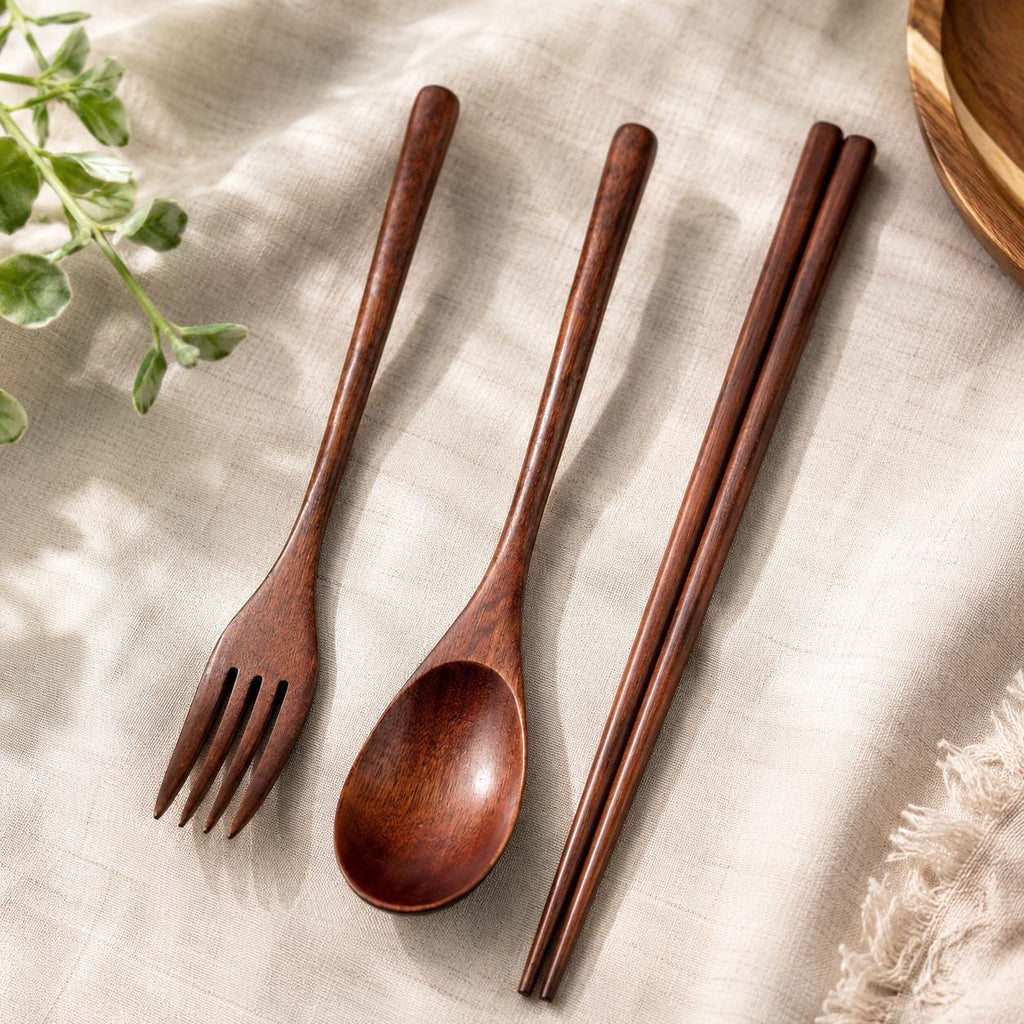 Japanese Wooden Cutlery Set, Spoon Fork Chopsticks Travel Utensils, Eco Friendly Sushi Tableware Gift Set